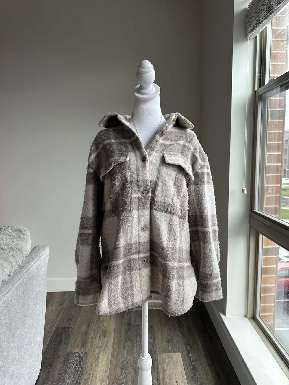 H&M Oversized Plaid Flannel Jacket Brown Cream Cabincore XS